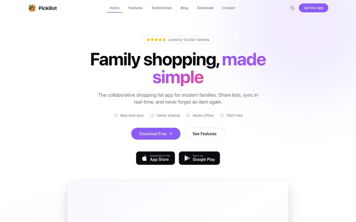 Capture d'écran du site Pickilist — Shared shopping lists