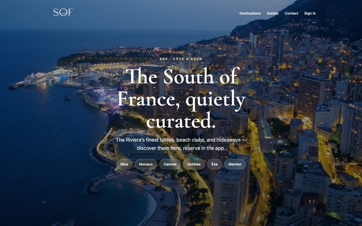 Capture d'écran du site SOF Riviera — French Riviera guide
