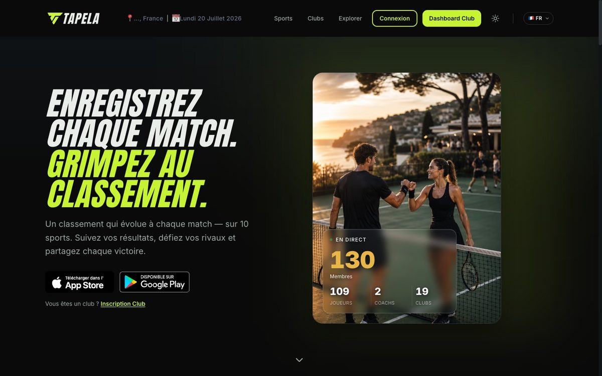 Capture d'écran du site Tapela — Rankings and matches across 10 sports