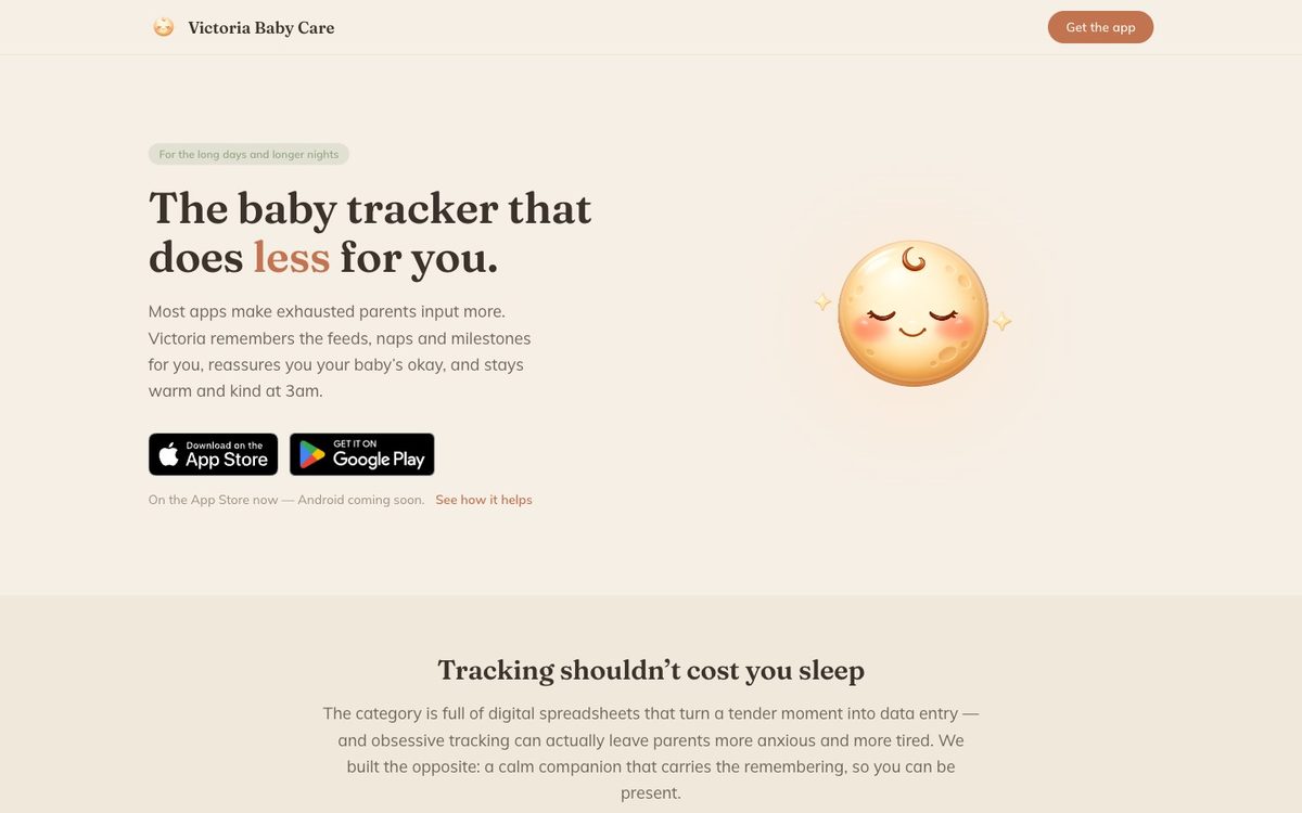 Capture d'écran du site Victoria Baby Care — Baby tracker